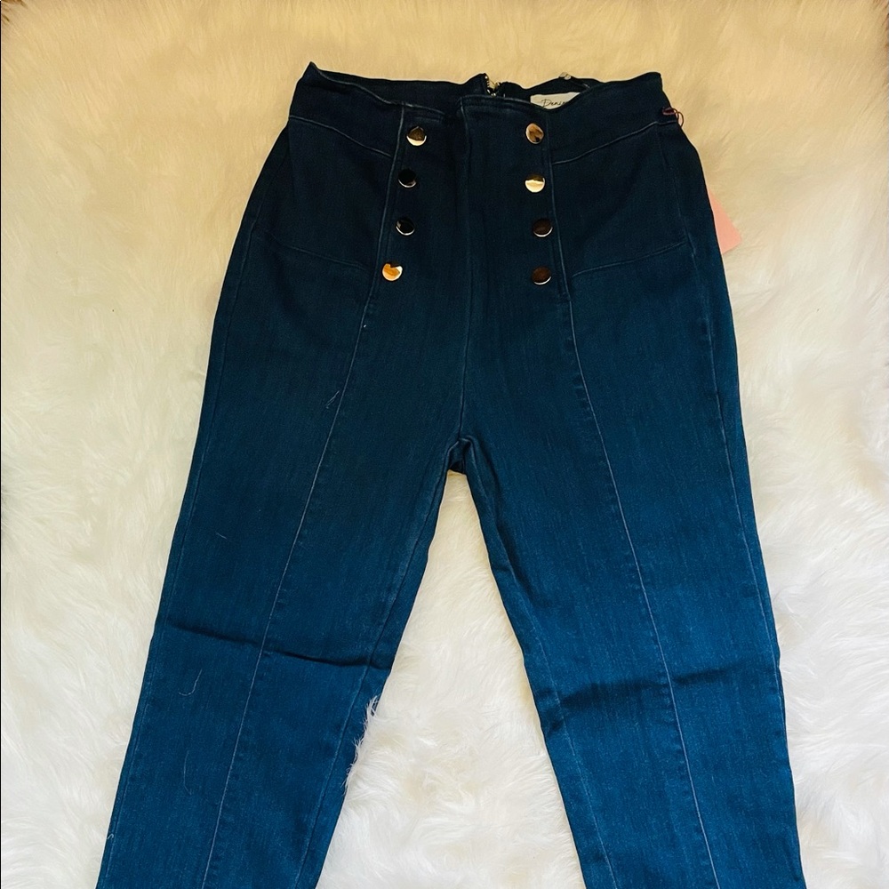 NEW FALL TRENDY DARK BLUE WASH DENIM HIGH WAIST WOMEN JEANS GOLD BUTTON DETAILS - Picture 4 of 12
